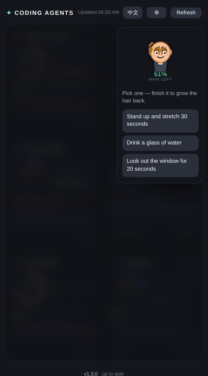 Break time: the quota cards are frosted over and the mascot offers three short activities with a Done button